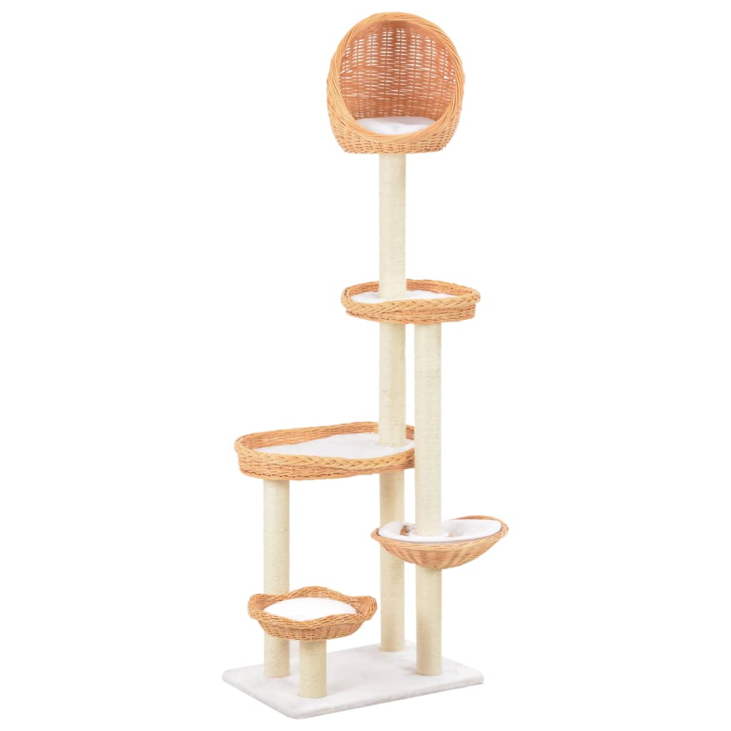 Kattenkrabpaal – Krabpaal – Krabmeubel – Kattenboom – Kattenhuis – Natuurlijk wilgenhout – 5 knusse mandjes – Sisal krabpaal – Compact ontwerp – Bruin
