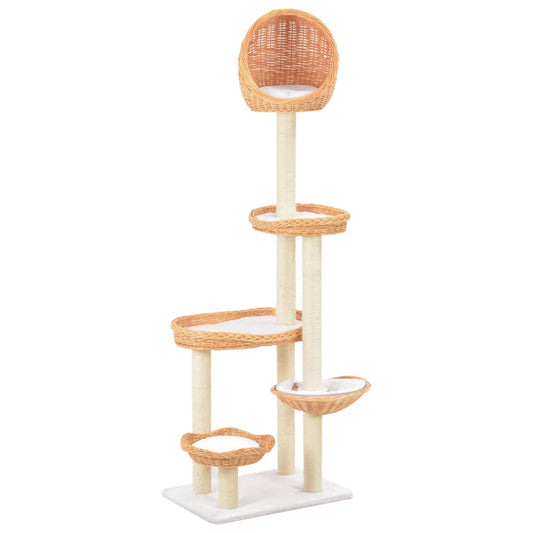 Kattenkrabpaal – Krabpaal – Krabmeubel – Kattenboom – Kattenhuis – Natuurlijk wilgenhout – 5 knusse mandjes – Sisal krabpaal – Compact ontwerp – Bruin