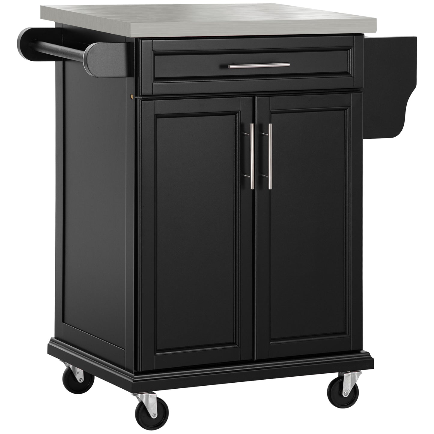 Keukentrolley – Serveerwagen – Keukenkast – Opbergtrolley – Werktafel – RVS Werkblad – Zwart Hout – 2-Deurs Kast – Zwenkwielen Met Rem