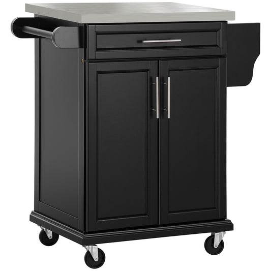 Keukentrolley – Serveerwagen – Keukenkast – Opbergtrolley – Werktafel – RVS Werkblad – Zwart Hout – 2-Deurs Kast – Zwenkwielen Met Rem