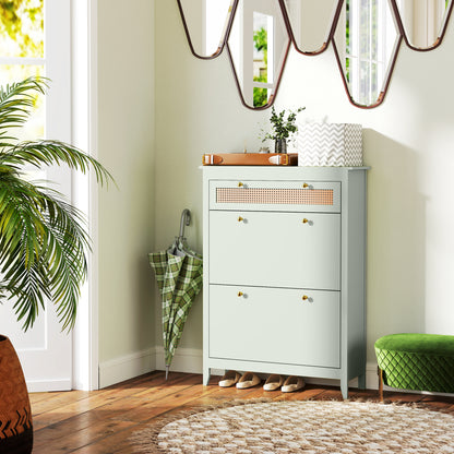 Schoenenkast – Schoenenrek – Schoenopberger – Schoenendisplay – Schoenmeubel – Voor 12 Paar Schoenen – Uittrekbare Lade & Draaideurtjes – Compact Groen Design
