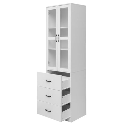 Vitrinekast – Glazen Kast – Opbergkast – Wandvitrine – Standkast – Wit – 200 cm Hoog – 3 Lades & Verstelbare Planken