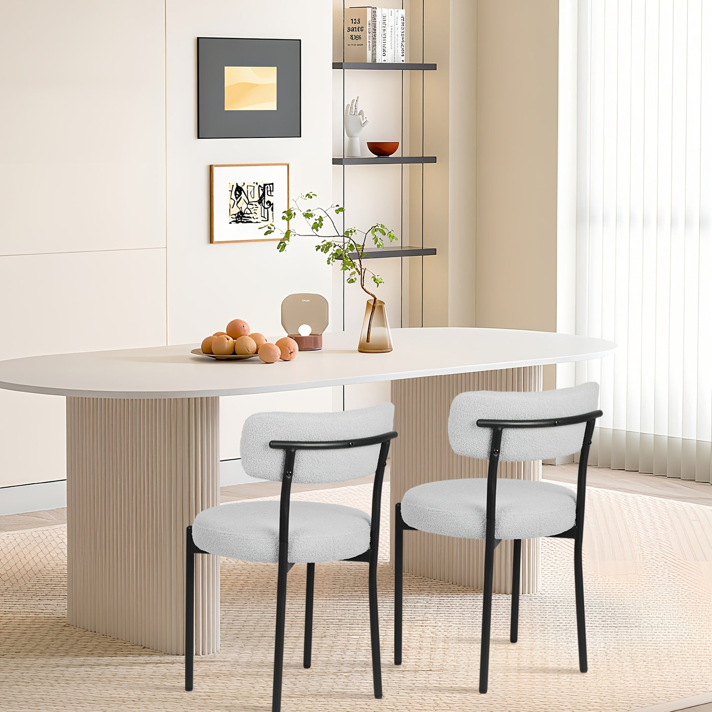 Eetkamerstoelen – Stoelen – Kuipstoelen – Keukenstoelen – Eettafelstoelen – Bouclé Stof – Zwart Metalen Onderstel – Open Rug Design – Set Van 4 – Grijs