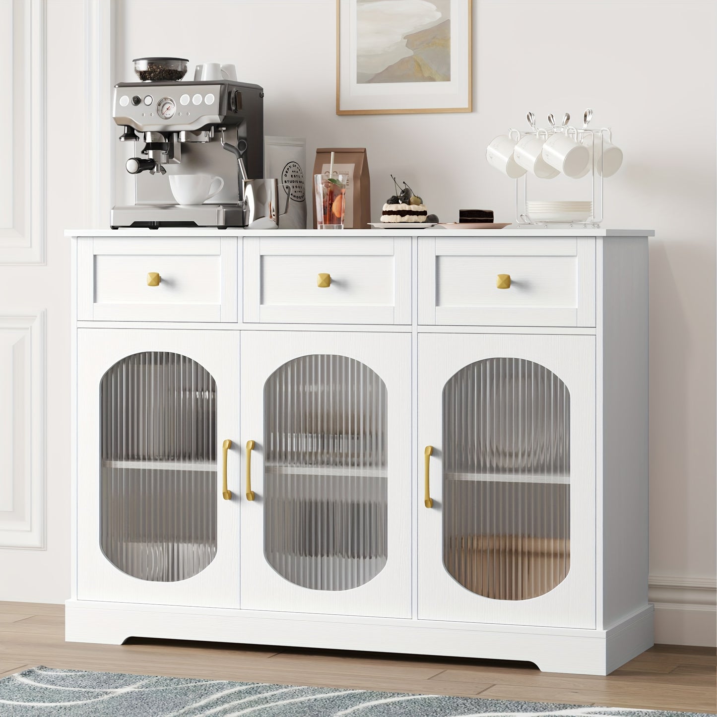 Opbergkast – Opbergmeubel – Kast Met Laden – Keukenkast – Woonkamerkast – Wit Met Gouden Handgrepen – Glazen Deur – 3 Laden – Hoogwaardig Hout – Ruime Opbergruimte