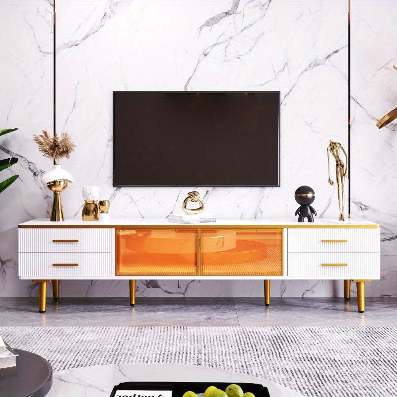 TV Meubel – Lowboard – Entertainmentkast – Sideboard – Dressoir – 4 Lades – Bruin Gehard Glas – 170 cm Hoogte – Marmerlook & Gouden Handvaten