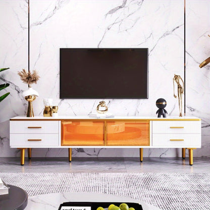 TV Meubel – Lowboard – Entertainmentkast – Sideboard – Dressoir – 4 Lades – Bruin Gehard Glas – 170 cm Hoogte – Marmerlook & Gouden Handvaten