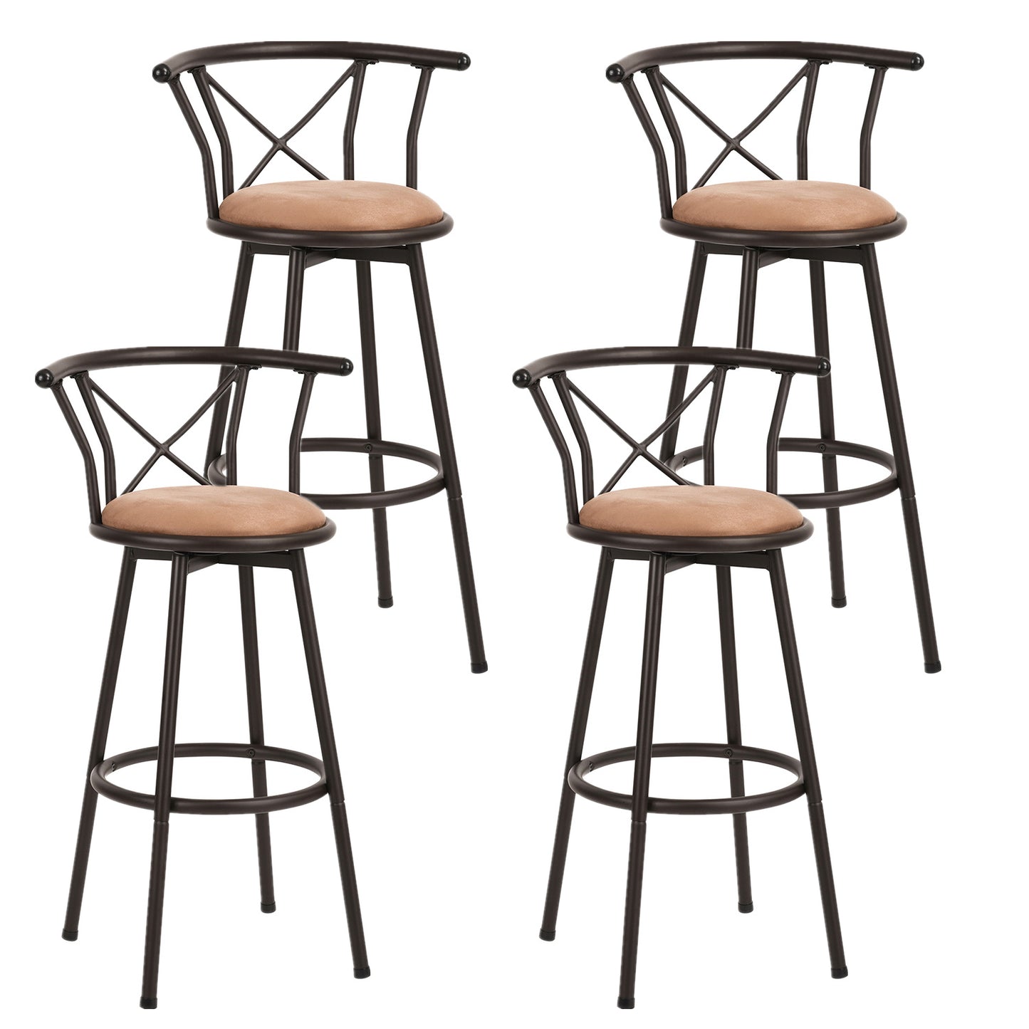 barkrukken – barkruk – barstoel – keukenkruk – counterstoel – vintage design – 360° draaibaar – zachte suède zitting – metalen poten – set van 4 – 75,5 cm zithoogte – bruin