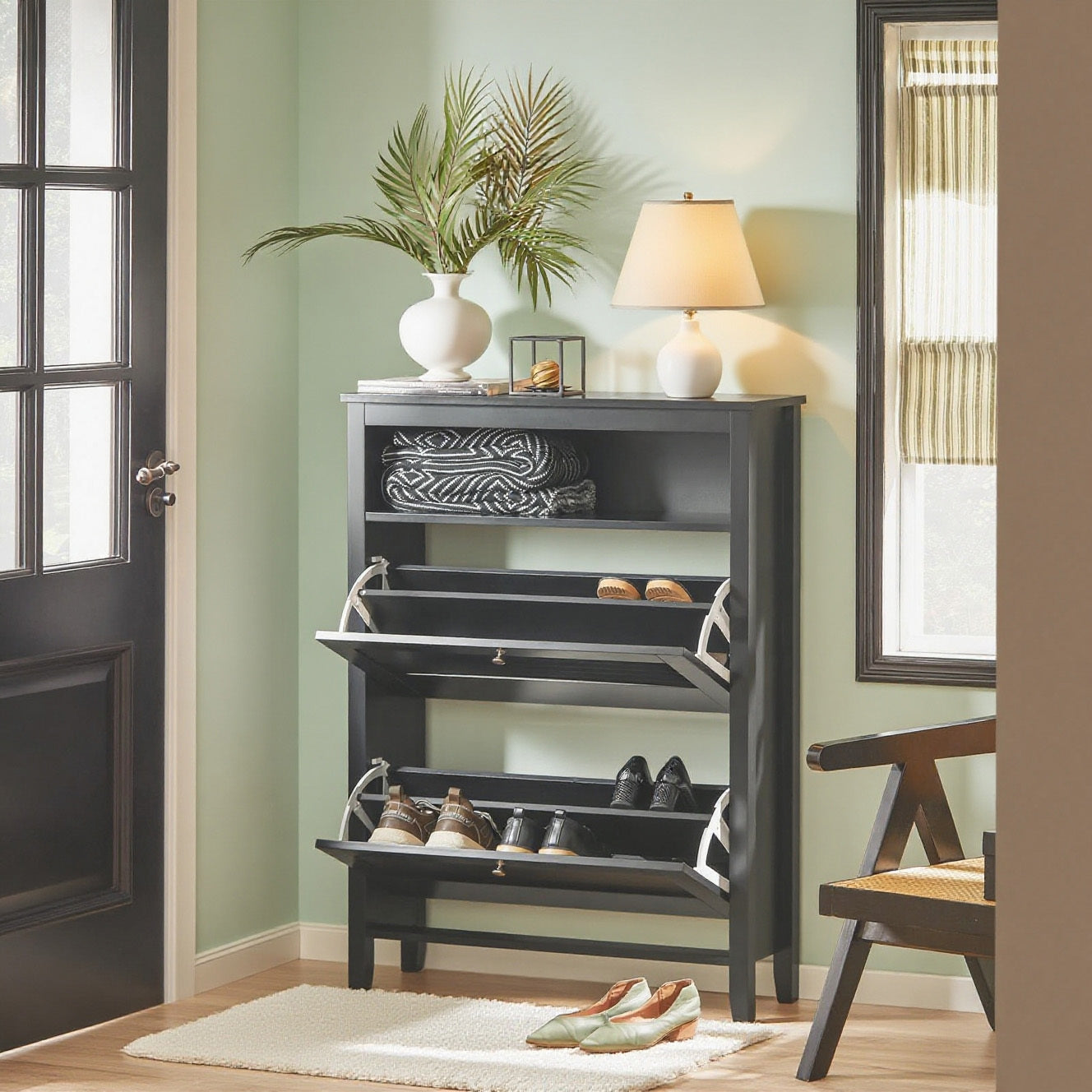 Schoenenkast – Schoenenopberger – Schoenenrek – Schoenenkomdeur – Schoenenmeubel – Compact 80x108x25 cm – Verstelbare Planken & Wandmontage