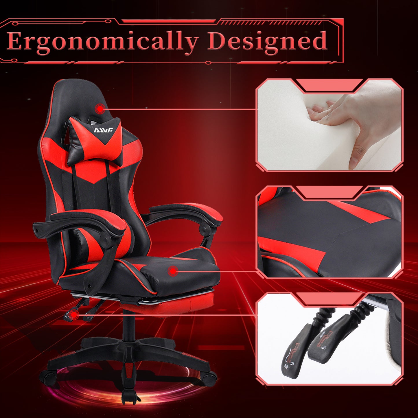 Office Chair, Gaming Chair, Gaming Chair, Ergonomic Gamer Chair with Footrest, Headrest,Lumbar Cushion, Padded Gaming Chair, Swivel Chair