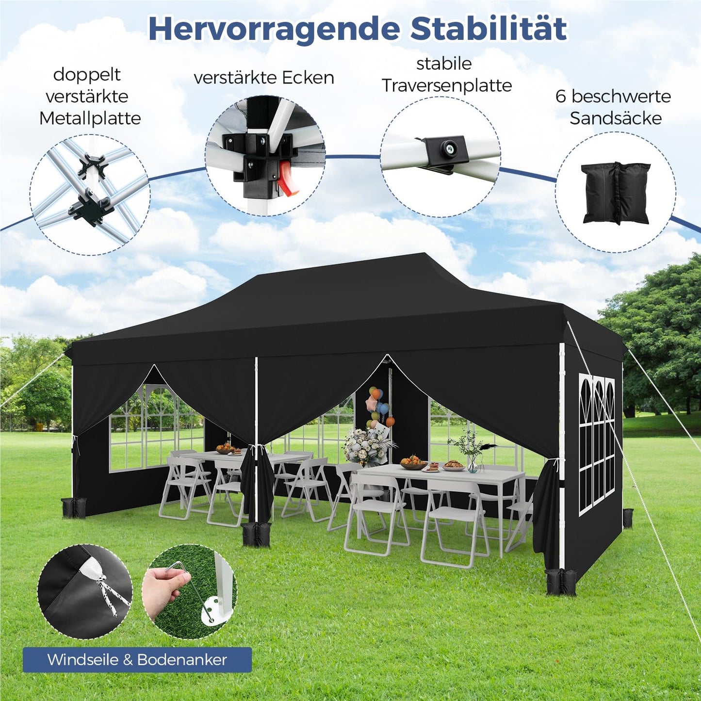 Paviljoen – Tuinpaviljoen – Partytent – Tenten – Evenementen Tent – 3 x 6 m – Waterdicht Oxford Stof met UV-bescherming 50+ – Inclusief 6 Zijwanden en 6 Zandzakken – Zwart