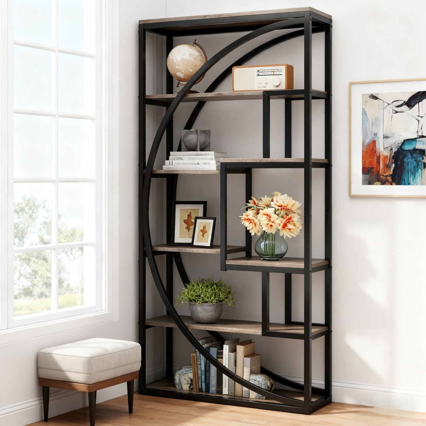 Boekenkast – Boekenrek – Vakkenkast – Stellingkast – Wandkast – Industrieel Design – 5 Niveaus Met Zwarte Metaalframe – 180 cm Hoog