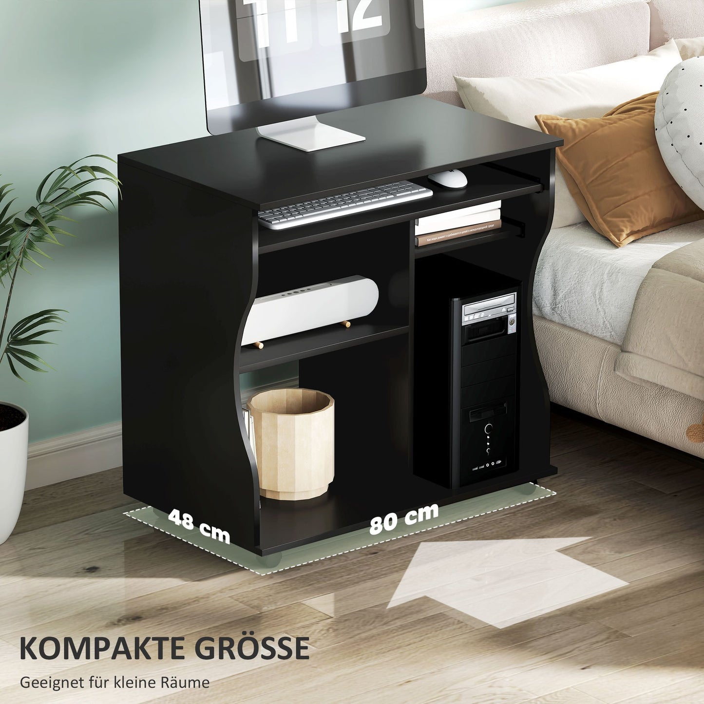 Computerbureau – Bureau Met Wieltjes – Mobiel Bureau – Werktafel – Laptoptafel – Zwart – Compact Formaat 80x48x75 cm – Ingebouwde Opbergruimte