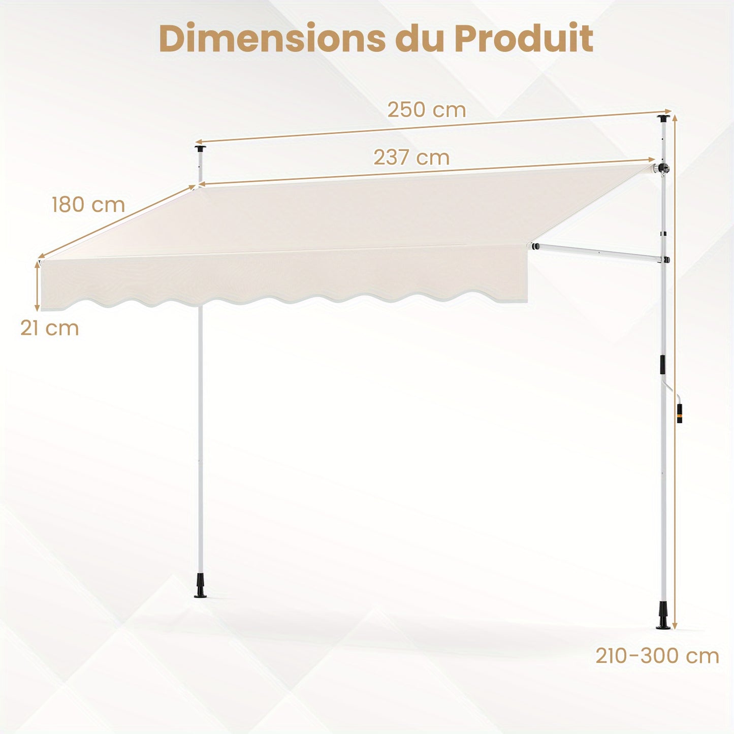 Inklapbare Zonwering – Uitvalscherm – Terraszonnescherm – Balkonzonwering – Zonnescherm Wit – Handmatig Verstelbaar – 200 cm Breed – 210-300 cm Hoog – Stevig Aluminium Frame – Waterafstotend Polyester