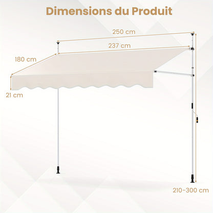 Inklapbare Zonwering – Uitvalscherm – Terraszonnescherm – Balkonzonwering – Zonnescherm Wit – Handmatig Verstelbaar – 200 cm Breed – 210-300 cm Hoog – Stevig Aluminium Frame – Waterafstotend Polyester