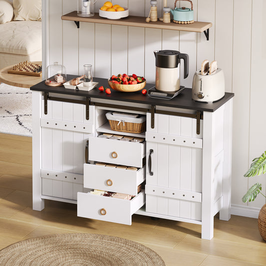 Buffetkastje – Buffetkast – Dressoir – Opbergkast – Sideboard – Wit Met Houten Accenten – 120x40x80 cm – MDF – Schuifdeuren En 3 Lades