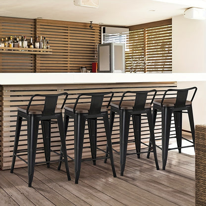 Barkrukken – Barkruk – Barstoelen – Krukken – Hoge Stoelen – Set Van 8 Industriële Barkrukken Met Houten Zitting En Rugleuning – Stevig Metalen Frame – Verwijderbare Zitvlak En Rugleuning