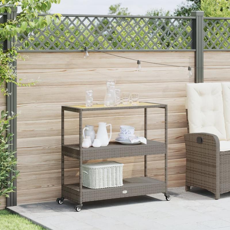 Keukentrolley 3-laags poly rattan en massief acaciahout grijs
