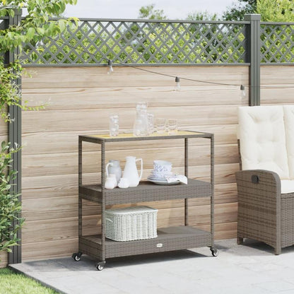 Keukentrolley 3-laags poly rattan en massief acaciahout grijs