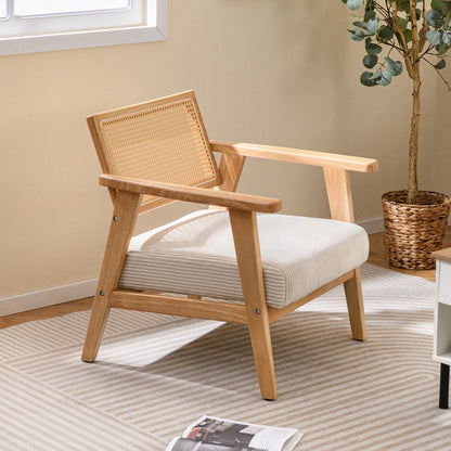 Rotanstoel – Rieten Stoel – Eetkamerstoel – Tuinstoel – Fauteuil – Rubberhout Frame – PE Rotan Rugleuning met Kussen