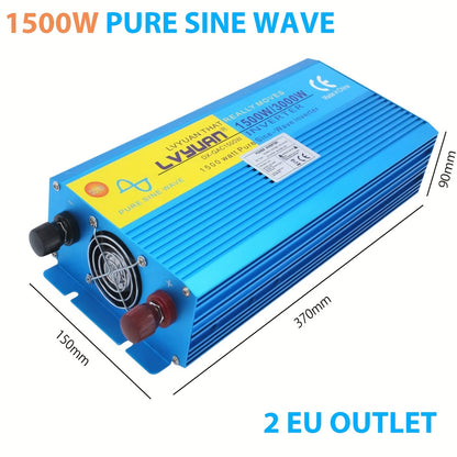 LVYUAN 1500W/3000W Pure Sine Wave Power Inverter 12V DC to 120V AC with 2 EU Sockets & Wireless Remote Control, LED Display, Overload Protection for Home Backup, RV, Solar, Camping, Boat, Emergency Power, Power Inverter for C