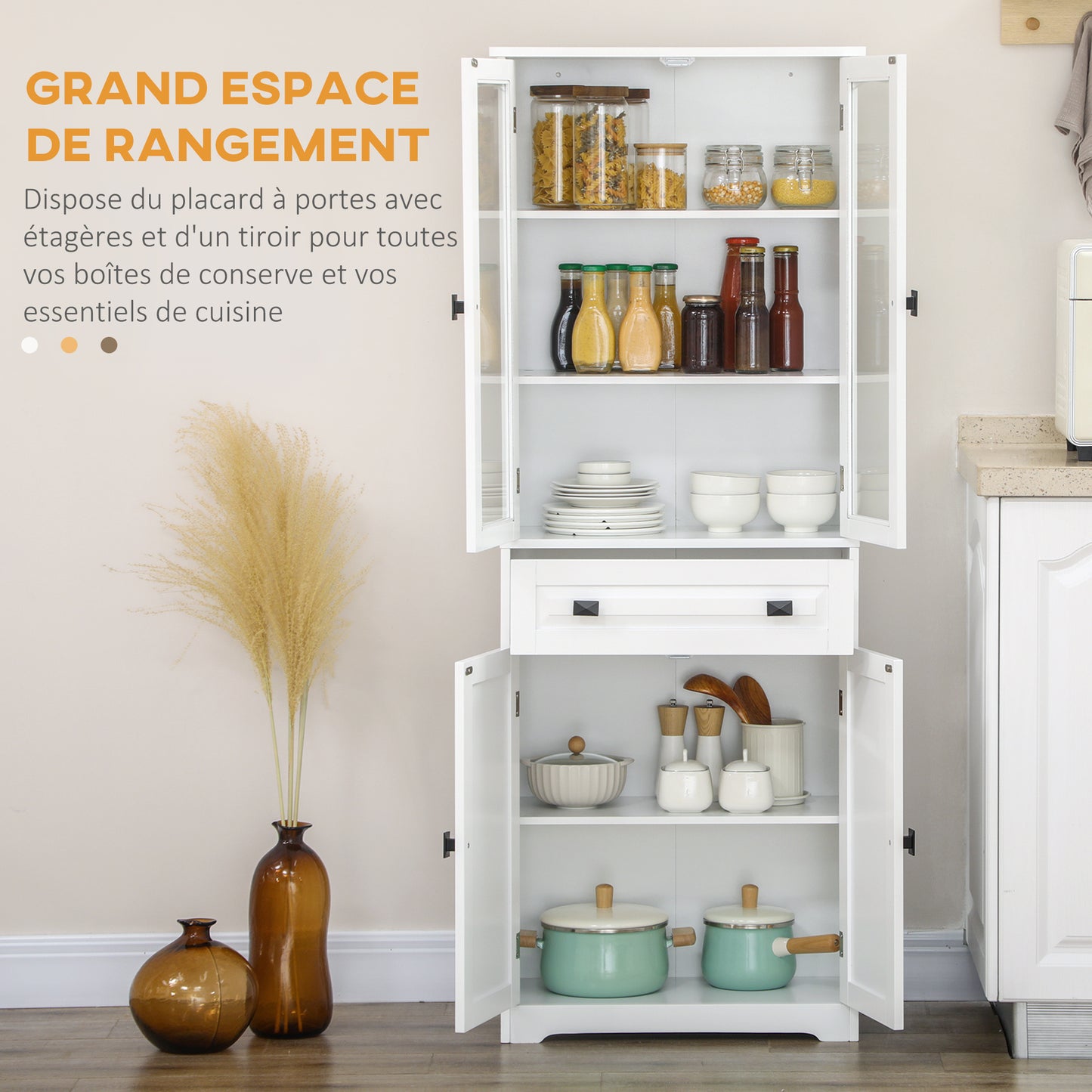 Buffetkast – Hoge Keukenkast – Opbergkast – Dressoir – Wandkast – Wit – MDF Hout – 160 cm Hoog – 2 Glasdeuren & Lade