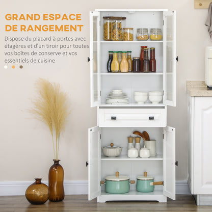 Buffetkast – Hoge Keukenkast – Opbergkast – Dressoir – Wandkast – Wit – MDF Hout – 160 cm Hoog – 2 Glasdeuren & Lade