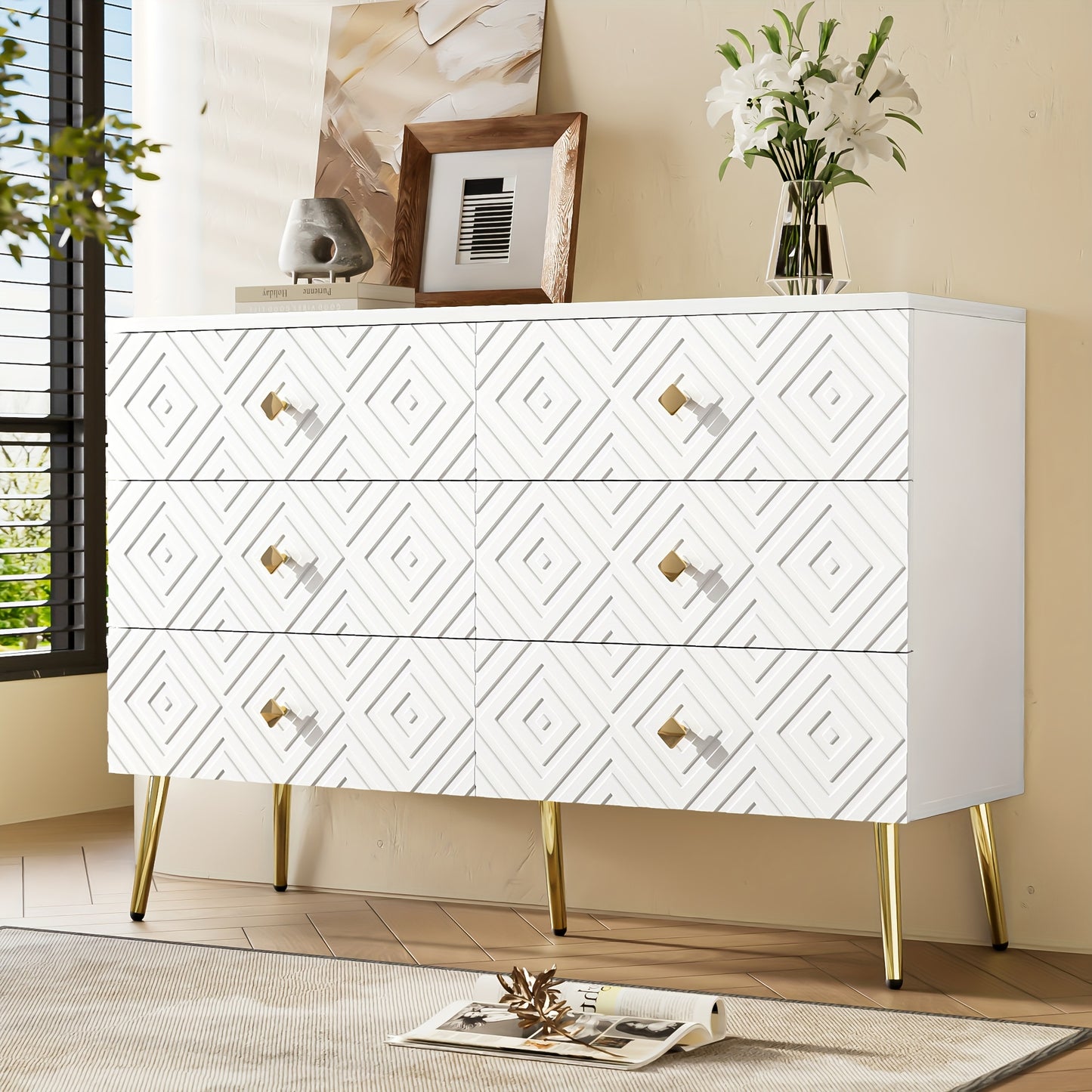 Modern Chest Of Six Drawers - 120x40x80 Cm - Elegant White With Golden - Perfect For The Bedroom And Living Room, Storage Drawer Units