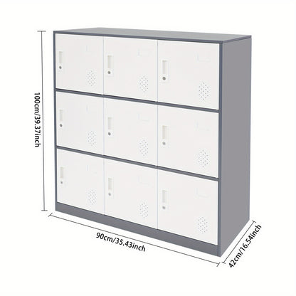 9-Door Heavy-Duty Lockable Metal Storage Cabinet with Card Slots & Key Lock - Modern & Gray Contemporary Floor-Standing Office Cabinet, 9-Slot Organizer for Home Office, School, Business - Easy Assembly, No Electrical Require
