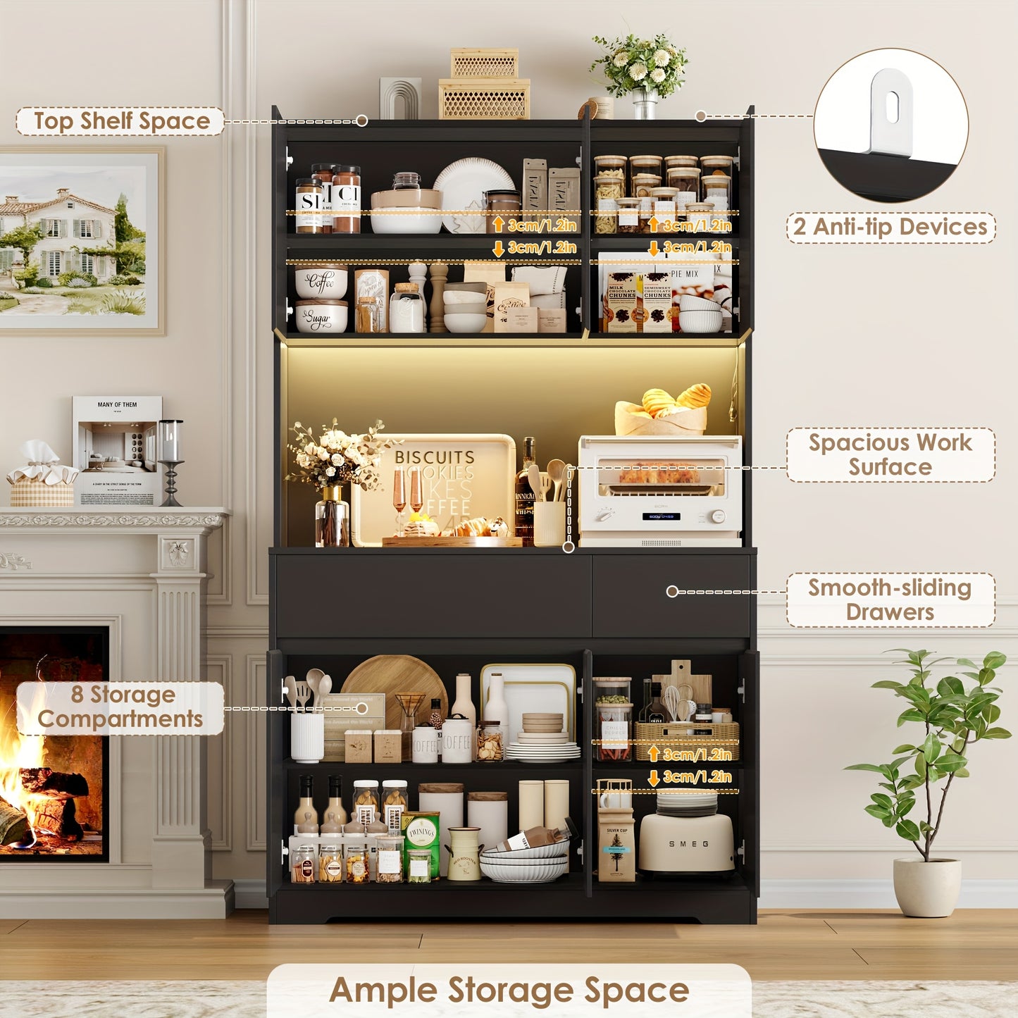 Keukenkast – Opbergkast – Buffetkast – Dressoir – Wit – Grote Opbergruimte – Verstelbare Planken – Spaanplaat Met Glas