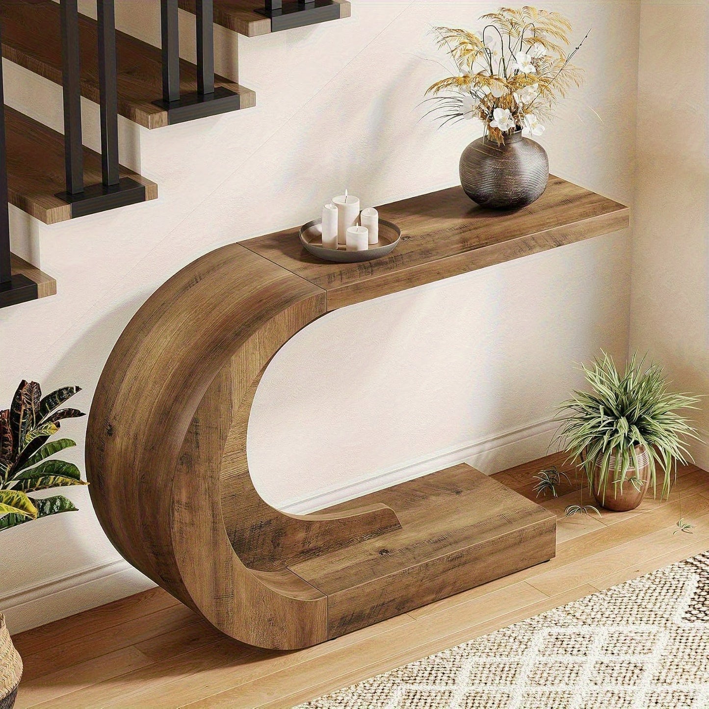 Moderne Sidetable – Haltafel – Consol tafel – Wandtafel – Bijzettafel – Extra Lang 110 cm – Ruimtebesparend C-Vormig Onderstel – Stevige Houtstructuur Bruin