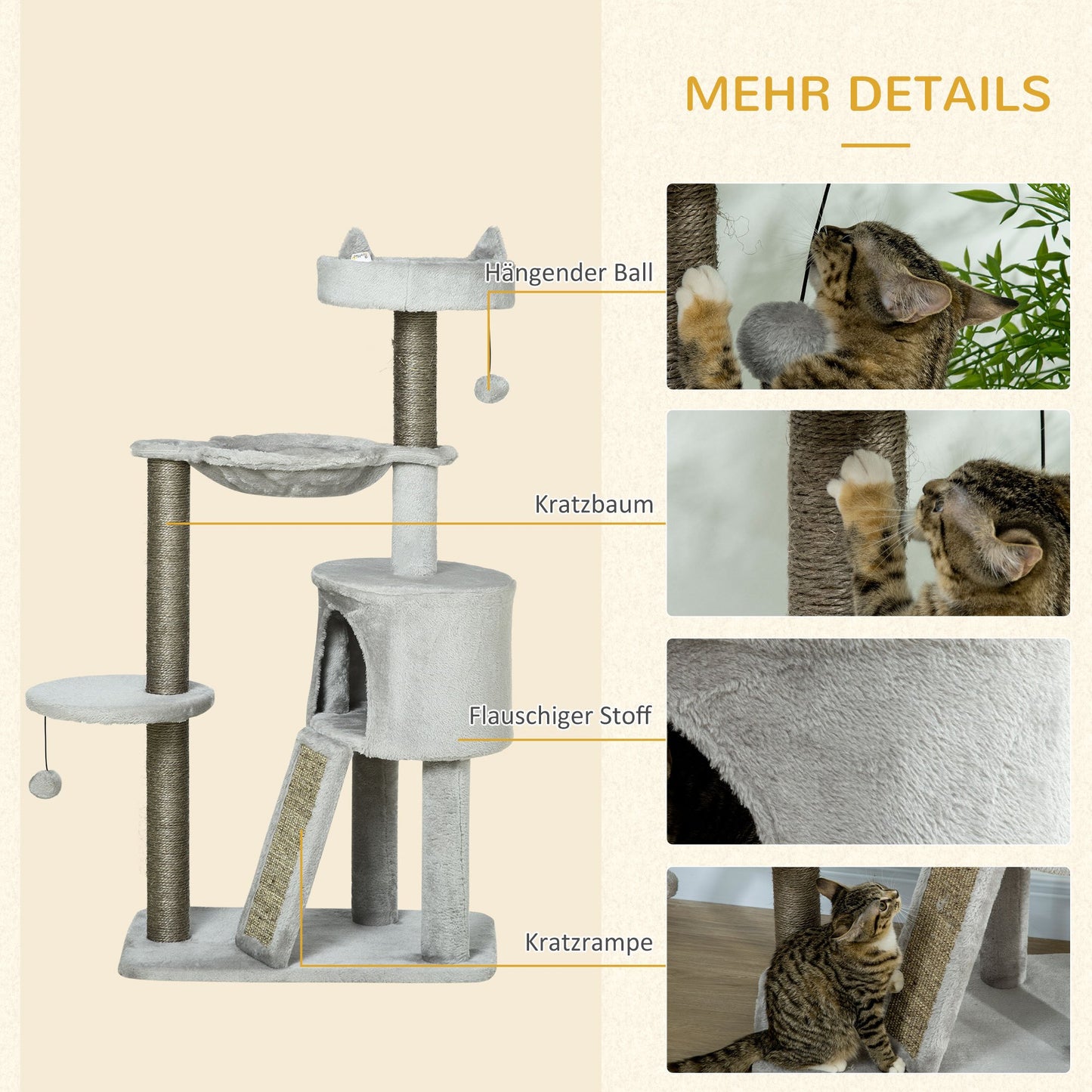 Krabpaal – Kattenkrabpaal – Katzenbaum – Krabmeubel – Kattenhuis – Inclusief Kattenhol En Hangmat – Compact 60x40x113 Cm – Lichtgrijs Met Sisal Touwen