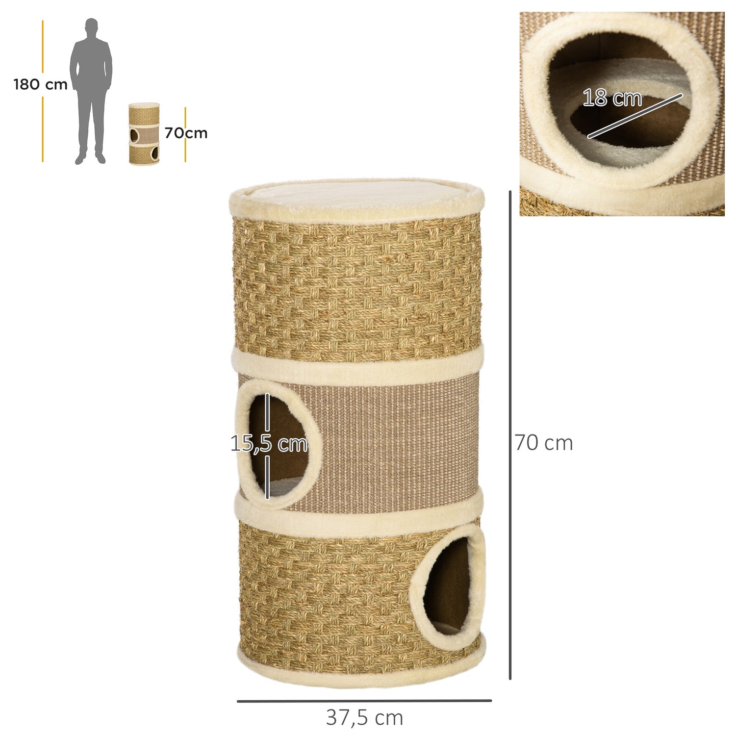 Krabpaal – Kattenboom – Kattenmeubel – Krabtoren – Krabhuis – 3 Niveaus – 70 cm Hoog – Sisal Krabmat – Pluche Bekleding