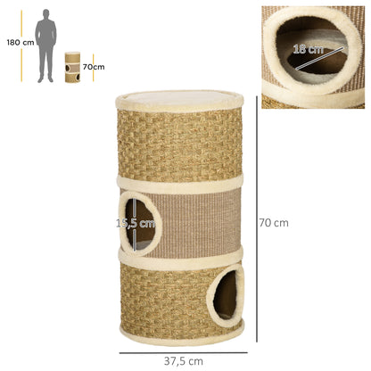 Krabpaal – Kattenboom – Kattenmeubel – Krabtoren – Krabhuis – 3 Niveaus – 70 cm Hoog – Sisal Krabmat – Pluche Bekleding