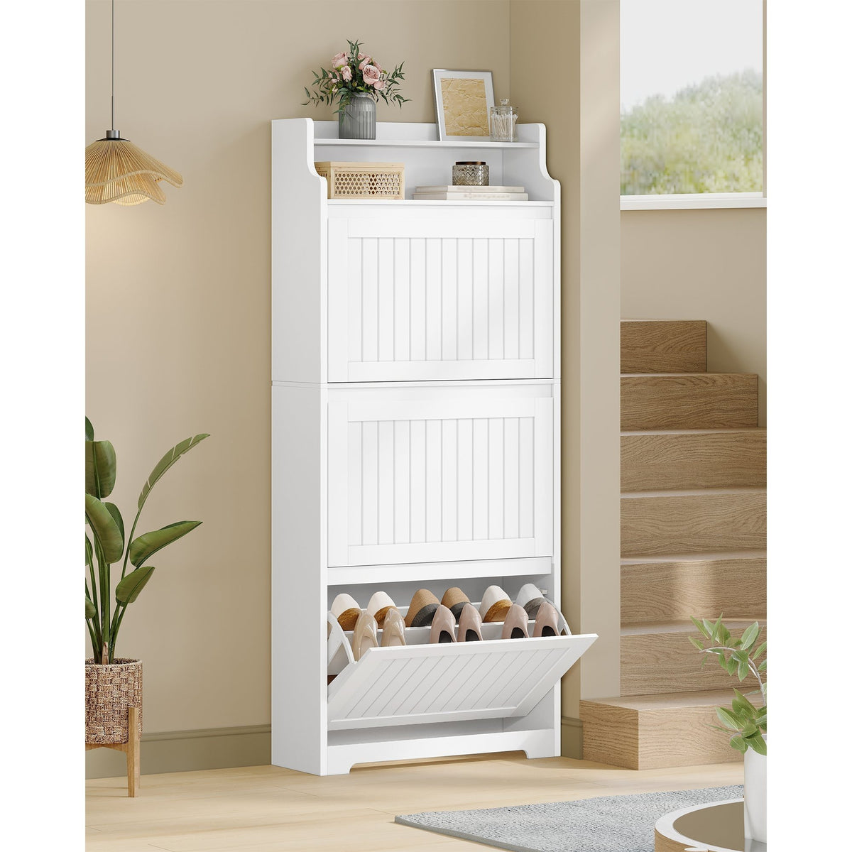 Schoenenkast – Schoenenrek – Smal Schoenenkastje – Schoenopberger – Schoenmeubel – Wit – Ruimtebesparend Ontwerp – 16 Paar Schoenenruimte