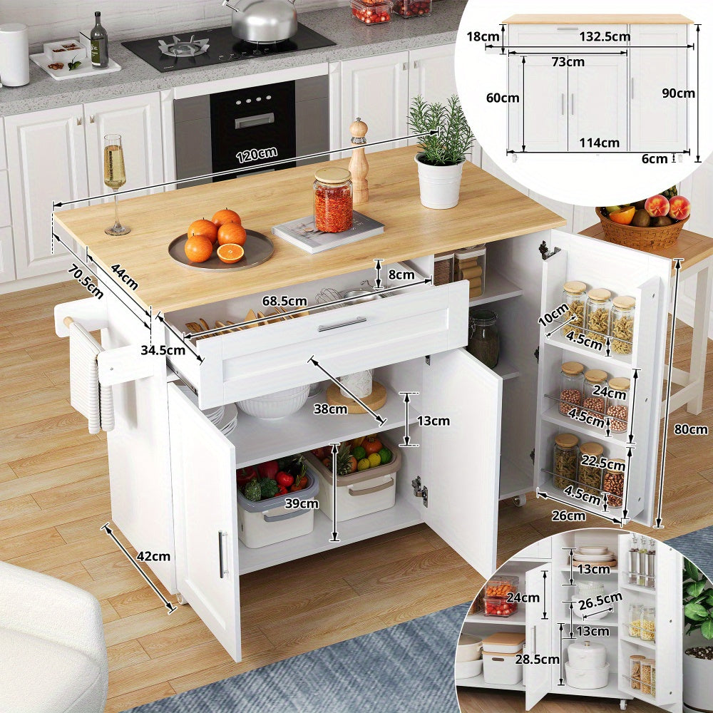 Keukentrolley – Keukenwagen – Serveerwagen – Opbergtrolley – Keukenkast – Oprolbaar – 5 Zwenkwielen – Houtnerflook 132,5x44x90 cm