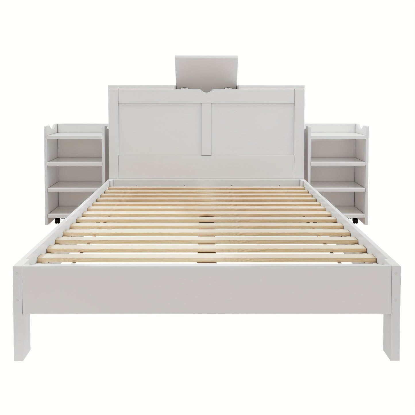 Tweepersoonsbed – Bed – Slaapbank – Bedframe – Ledikant – Wit Bamboe – Opbergruimte – 2 Uittrekbare Nachtkastjes – Eenvoudig Monteren – Twin Size