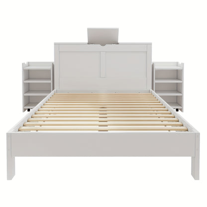 Tweepersoonsbed – Bed – Slaapbank – Bedframe – Ledikant – Wit Bamboe – Opbergruimte – 2 Uittrekbare Nachtkastjes – Eenvoudig Monteren – Twin Size