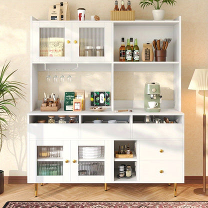 Modern White & Golden Tall Dining Cabinet with Glass Doors & Wine Rack - Multi-Tier Storage Floor-Standing Kitchen Organizer, 57" Height (145cm), 15.35" Depth (39cm), 66.93" Width (171cm), 3.2+ Cubic Feet Capacity, Metal Cons
