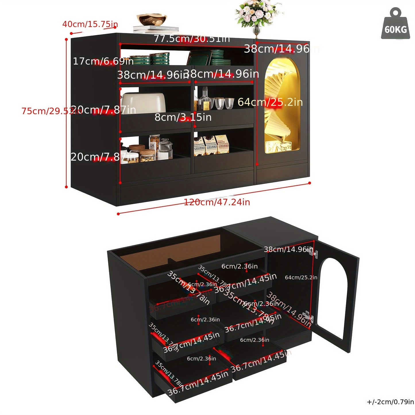 Dressoir – Buffet – Opbergkast – Kast – Meubel – Zwart – 6 Ruime Lades – Uniek Hollow-Deurontwerp