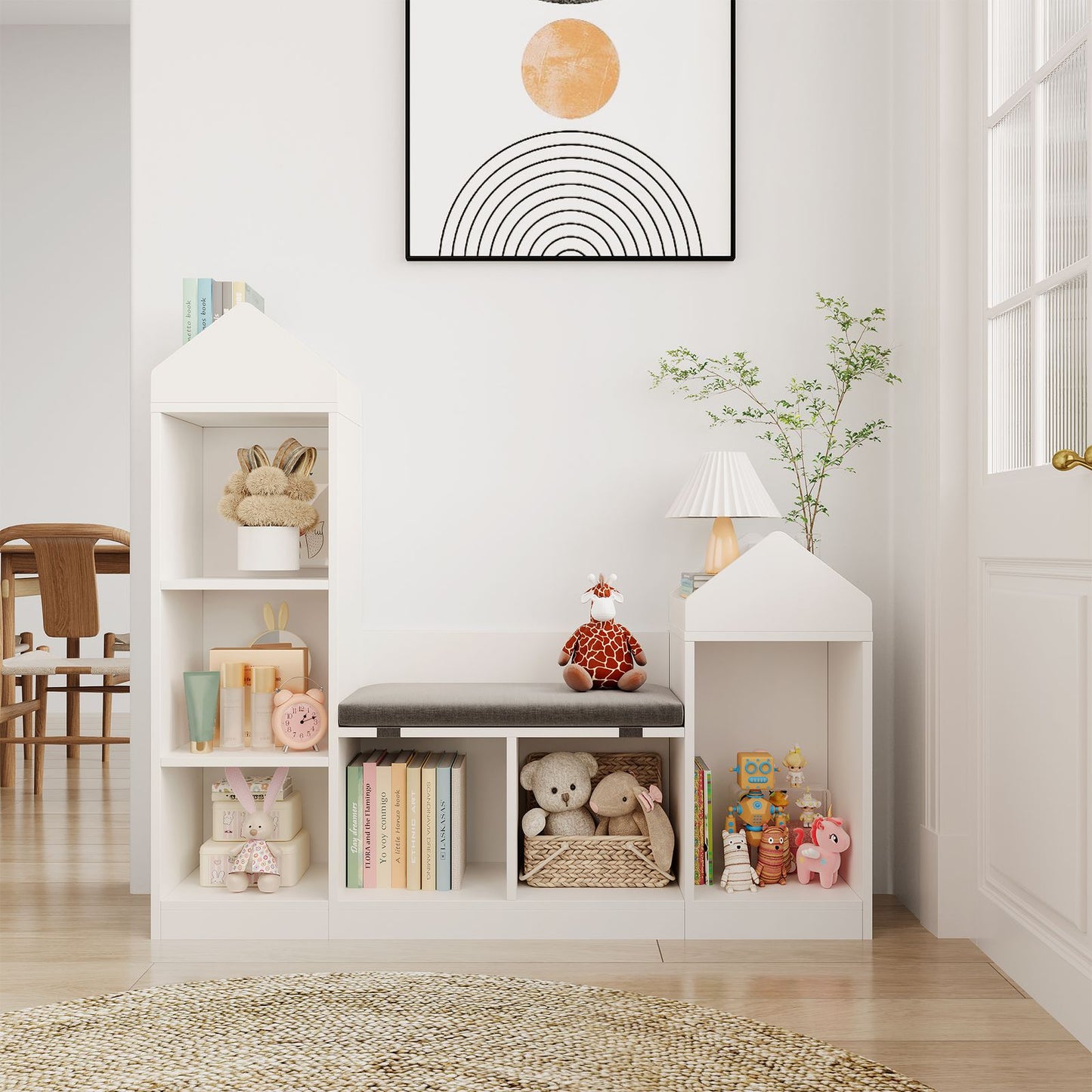 47.75-Inch Wide Bookcase with Cozy Reading Nook | 6 Cubby Storage Compartments, Floor Mount, Hardwood, Assembled, Suitable for Living Room