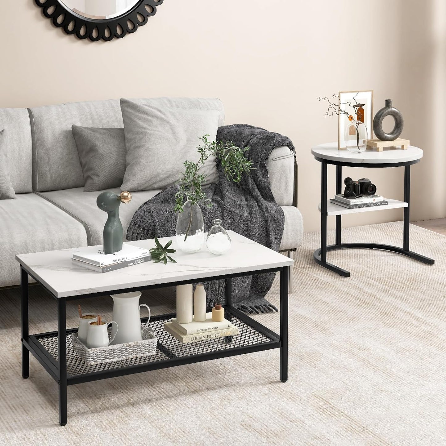 Salontafel – Bijzettafel – Woonkamertafel – Sofa Tafel – 2-Delige Set – Marmerlook Tafelbladen – Stevig Metalen Frame