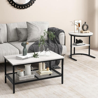 Salontafel – Bijzettafel – Woonkamertafel – Sofa Tafel – 2-Delige Set – Marmerlook Tafelbladen – Stevig Metalen Frame