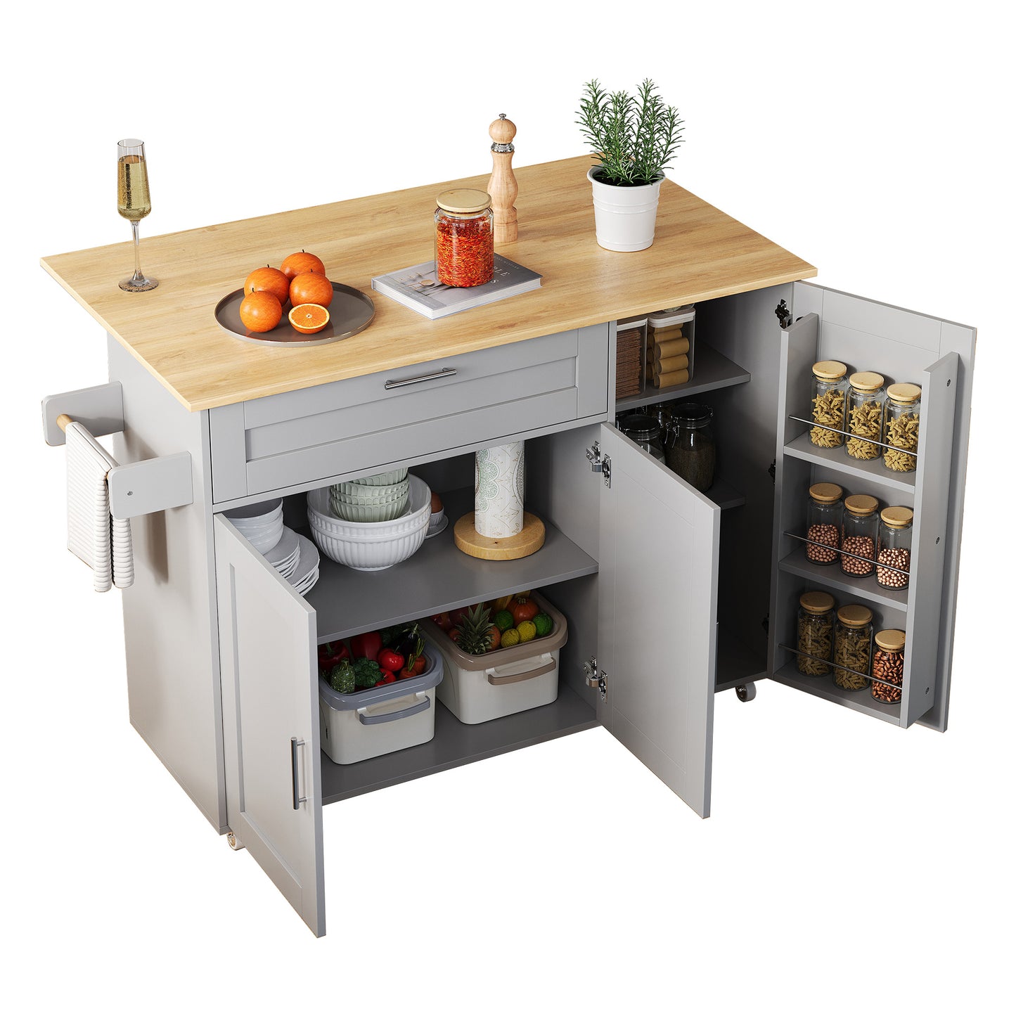 Keukenwagen – Keukenkar – Servierwagen – Mobiele Keukentrolley – Keukenmeubel – Uitklapbaar Werkblad – 5 Wielen Met Rem – Grijs Met Eikenlook