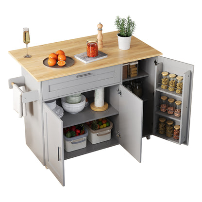 Keukenwagen – Keukenkar – Servierwagen – Mobiele Keukentrolley – Keukenmeubel – Uitklapbaar Werkblad – 5 Wielen Met Rem – Grijs Met Eikenlook