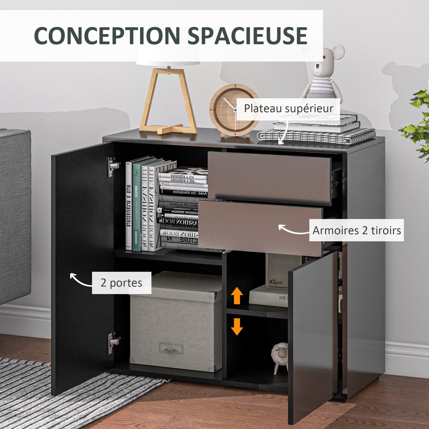 Buffetkast – Dressoir – Opbergkast – Sideboard – Kast Met Laden – Glanzend Zwart – Verstelbare Planken – 79x36x74 Cm