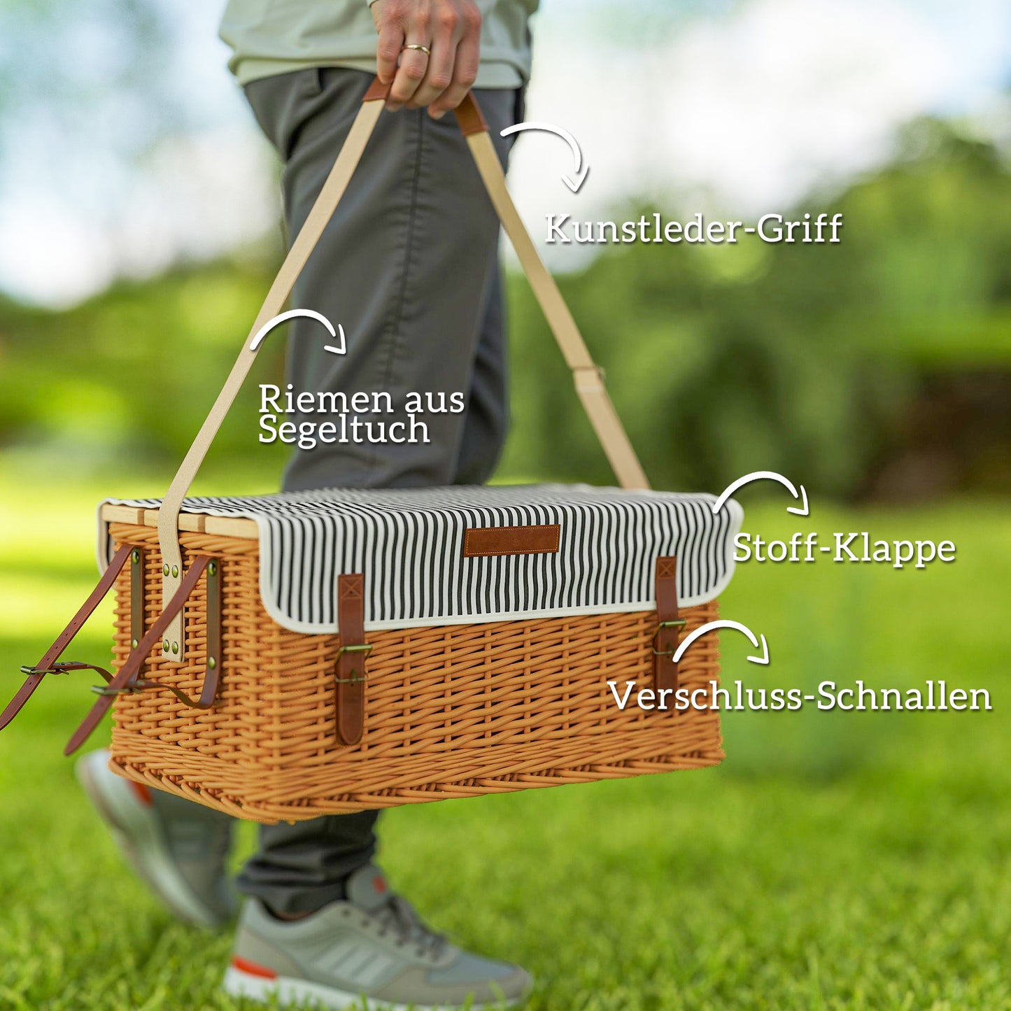 Vlechtwerk Picknickmand – Picknickmand Set – Picknicktas – Picknickkoffer – Picknickbak – Voor 4 Personen – Lichtgewicht Natuurlijke Materialen – Inclusief Picknickdeken & Flesopener