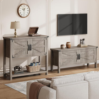 Sidetable – Haltafel – Consoletafel – Wandtafel – Bijzettafel – Grijs – Met 2 Deuren En 2 Laden – Stevig Metalen Frame & Krasbestendig Oppervlak