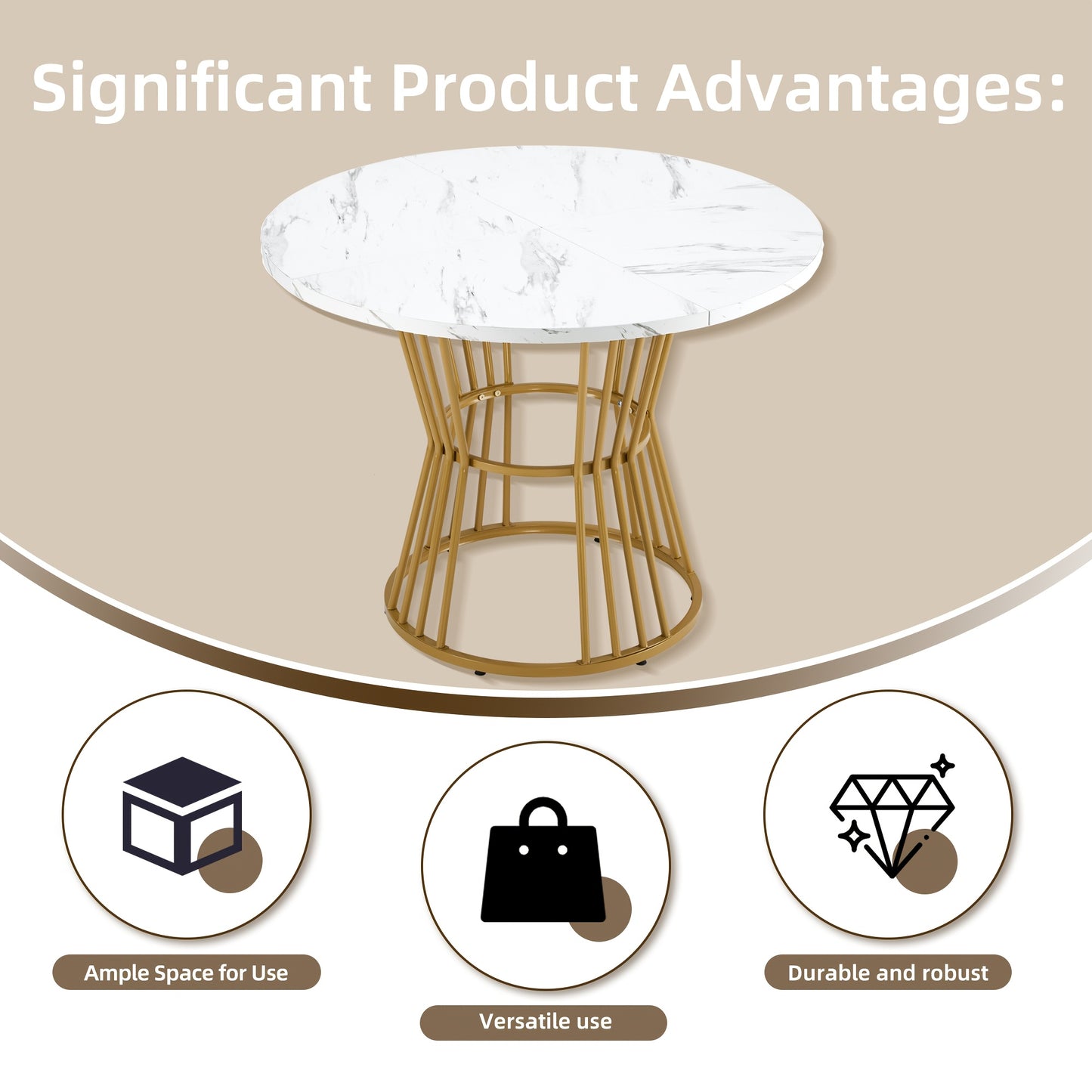 1pc Modern White & Golden Dining Table with Sturdy Metal Frame - Marble Tabletop Suitable, Breakfast Nook, Dining Room - Contemporary Minimalist,, No Assembly Required (Table Only)