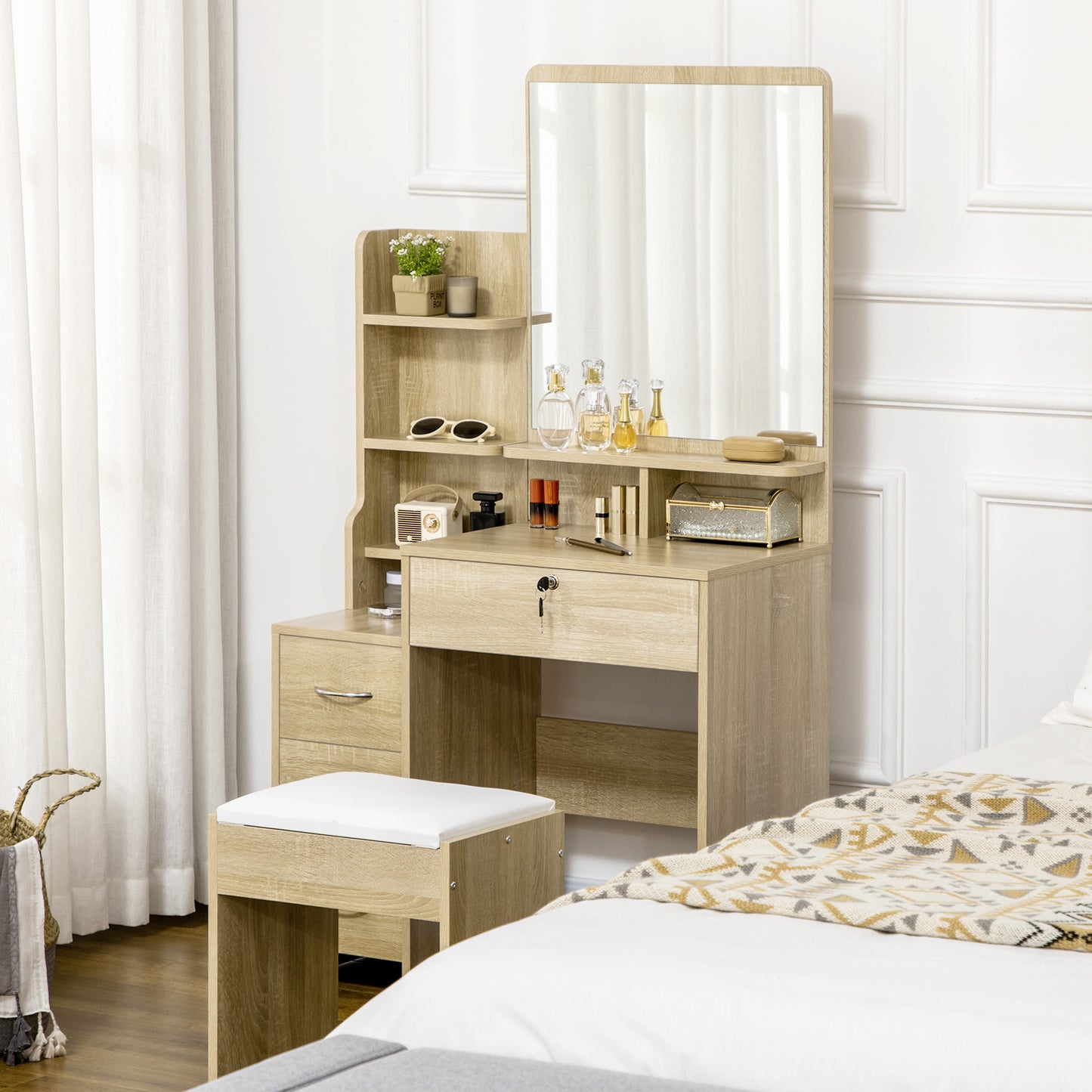 Make-uptafel – Visagietafel – Sieradentafel – Make-up Kaptafel – Natuurlijk Hout – Grote Spiegel – 4 Laden & Open Planken