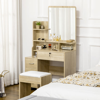 Make-uptafel – Visagietafel – Sieradentafel – Make-up Kaptafel – Natuurlijk Hout – Grote Spiegel – 4 Laden & Open Planken
